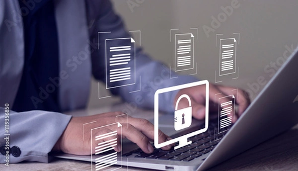 Fototapeta Documents confidentiality,cyber security protection concept. Protecting herself from cyber attacks. Software for security, searching and managing corporate document and employee information