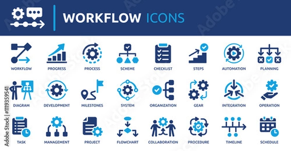 Fototapeta Workflow icon set. Containing process, planning, progress, scheme, management, diagram, flowchart and more. Solid vector icons collection.