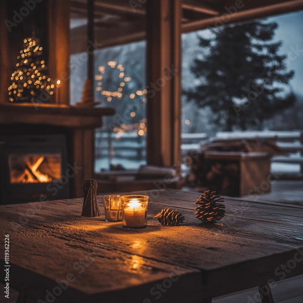 Obraz winter festive festival Christmas snow celebration cozy warm home living room indoor wooden table lit candles snowy landscape peaceful atmosphere fireplace 