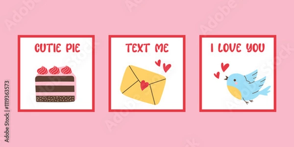 Obraz Valentine's Day Cards Set in Flat Vector Art. Cake, envelope with love letter, bird