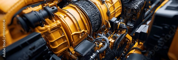 Obraz 3D rendering of a yellow and black engine, close-up on the truck's components, with visible mechanical parts, generative AI
