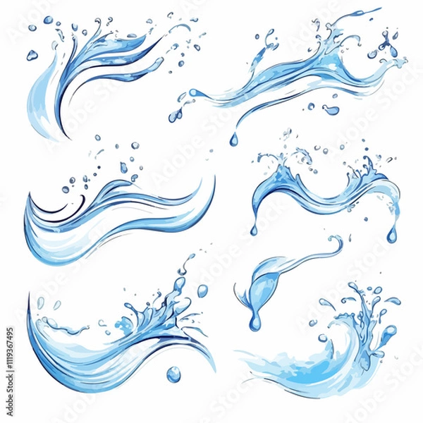 Fototapeta Elegant Blue Curved Water Splash Drops Vector Set