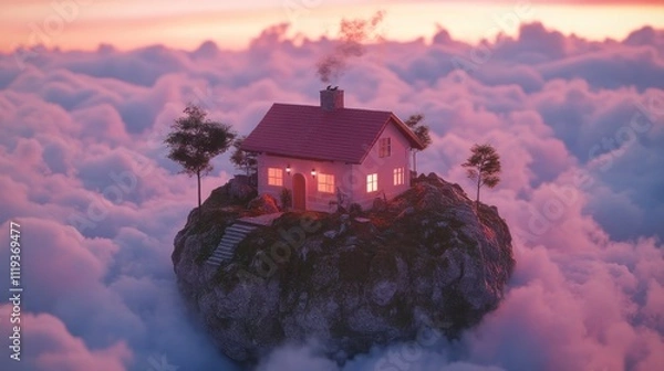 Fototapeta  whimsical house on a floating rock amidst colorful clouds at sunset 