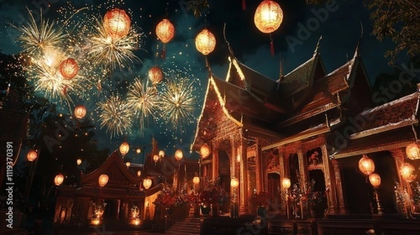 Fototapeta Ancient Temple Adorned with Lanterns and Fireworks for a Festive Celebration