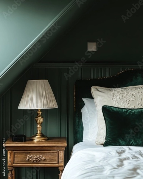 Fototapeta Front view close-up of a luxurious Parisian-style bed and side table with a table lamp in a bright cozy apartment