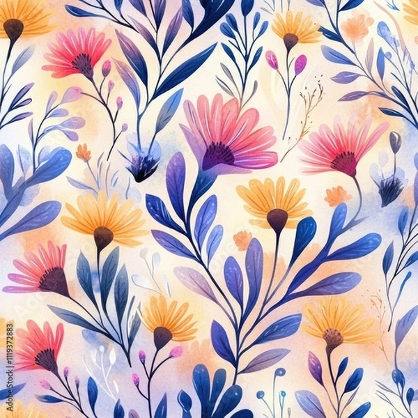 Fototapeta Vibrant Watercolor Floral Patterns with Gradients and Retro Pastel Tones   Featuring Quirky Cartoon Flowers in a Playful Retro Style  Ideal for Wallpaper Textile Design Scrapbooking