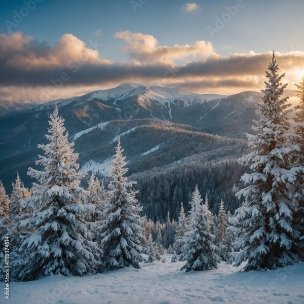 Fototapeta Impressive winter morning in Carpathian mountains with snow covered fir trees. Colorful outdoor scene, Happy New Year celebration concept.


