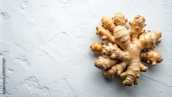 Fototapeta Top View of Fresh Raw Ginger Root on White Background with Copy Space for Text, Ideal for Herbal Medicine Concepts, Cooking, and Health Benefits of Ginger
