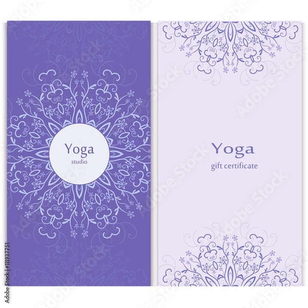 Obraz Yoga gift certificate. Vector template with mandala for design