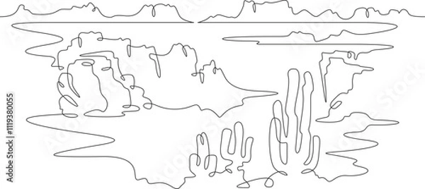 Fototapeta Continuous one line drawing cacti in the desert. Desert rocky landscape. Arizona. Rocks and mountains. One continuous line isolated minimal illustration.Not AI.