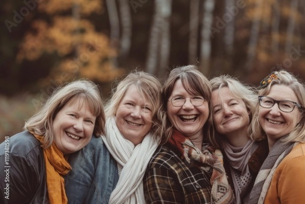 Fototapeta Portrait of happy senior women in autumn forest. Selective focus.
