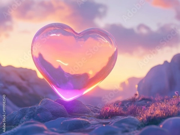 Fototapeta  translucent heart-shaped object glows in a serene landscape during sunset 