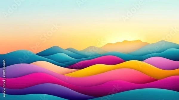Fototapeta Abstract landscape with colorful waves and a sunrise in the background 