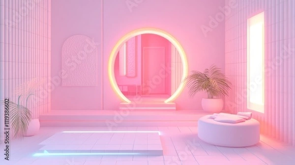 Fototapeta  serene pastel room featuring a circular mirror, plants, and soft lighting 