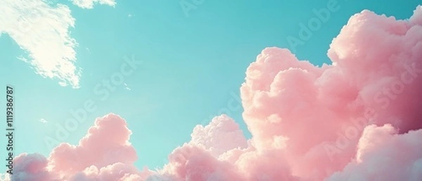 Fototapeta  serene sky filled with fluffy pink clouds against a bright blue backdrop 
