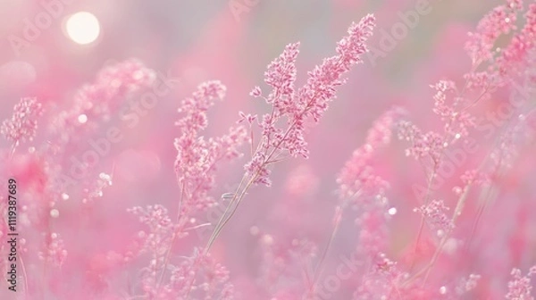 Fototapeta  serene field of soft pink flowers, creating a dreamy and tranquil atmosphere 