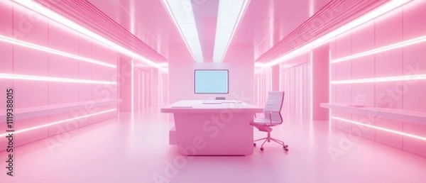Fototapeta  modern office space featuring pink lighting, a desk, and a computer monitor 