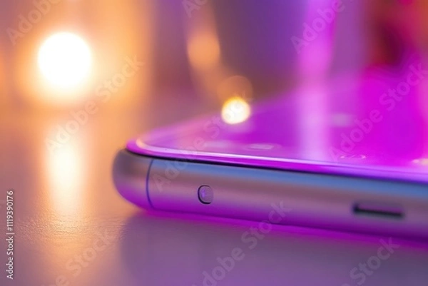 Fototapeta  close-up of a smartphone edge illuminated with colorful lighting 