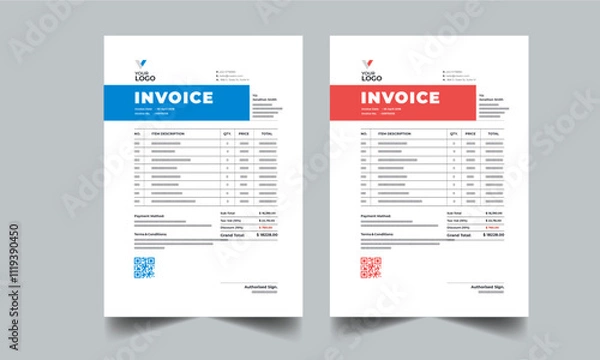 Fototapeta Business invoice template. Money bills, Price invoices, Tax form, Payment agreement, Bill or Payment receipt page layout design with 2 page color full concept design