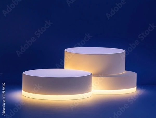 Fototapeta Three illuminated circular pedestals on a blue background, showcasing modern design 