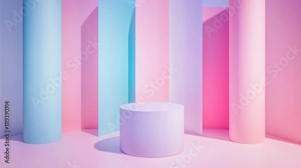Fototapeta  minimalist set design featuring pastel-colored cylindrical structures and a circular platform 