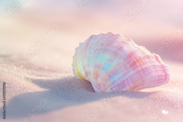 Fototapeta  colorful seashell resting on soft sand, capturing the essence of a tranquil beach scene 