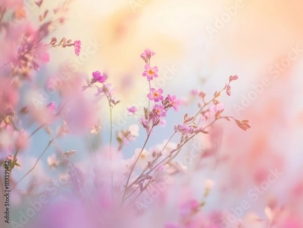 Fototapeta  soft-focus image of delicate pink flowers, creating a dreamy, serene atmosphere 