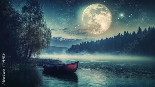 Fototapeta Enchanted Moonlit Lake in a Misty Forest