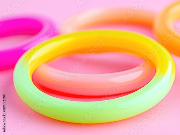 Fototapeta Colorful, translucent plastic rings stacked on a pink background 
