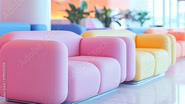 Fototapeta Colorful modern lounge chairs in a bright, inviting space 