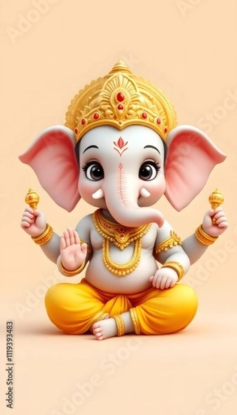Fototapeta Adorable 3D Render of Lord Ganesha:  A Symbol of Wisdom and Prosperity in Hindu Mythology
