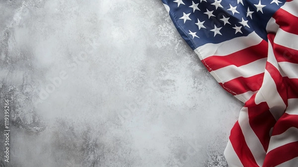 Obraz Banner with Copy Space and American Flag Elements, on grey marble background. 4th July, USA Independence Day background concept