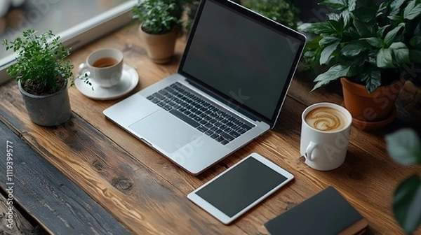 Fototapeta A laptop and tablet are on a wooden desk with a cup of coffee