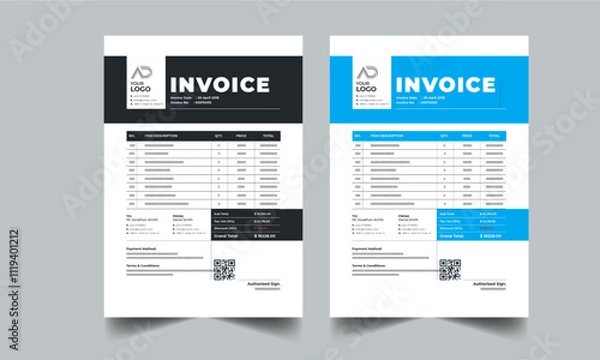 Fototapeta Business invoice template. Money bills, Price invoices, Tax form, Payment agreement, Bill or Payment receipt page layout design with 2 page color full concept design