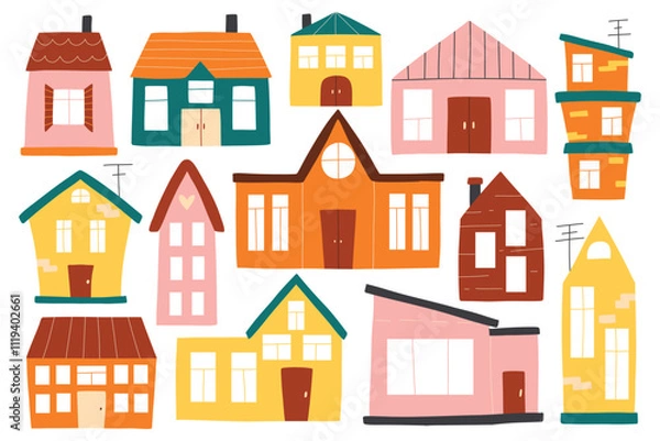 Fototapeta Set of houses in boho style. Vector collection of clip arts with houses in hand-drawn style. Isolated simple houses.
