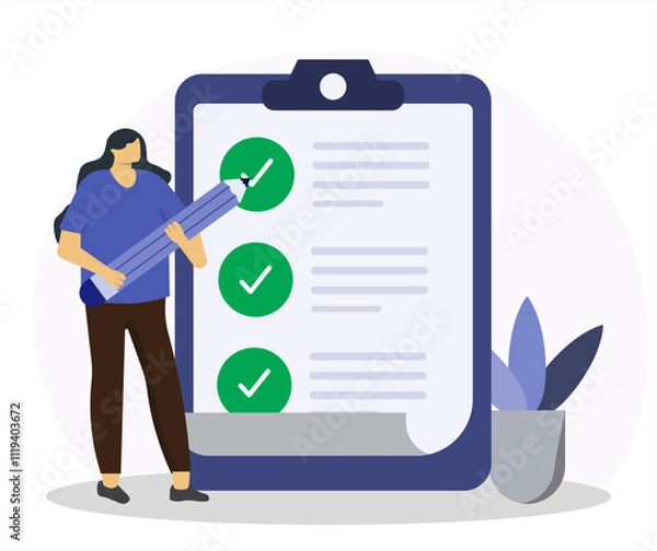 Obraz Business woman marks on the to-do list with giant pencil. Survey document. Checklist form for feedback or questionnaire pool. Flat vector illustration. 