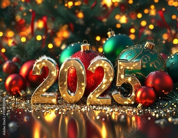 Fototapeta Christmas tree with gold ornaments and decorations for new year celebration