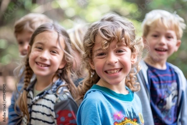 Fototapeta Portrait of smiling children in the park. Selective focus.