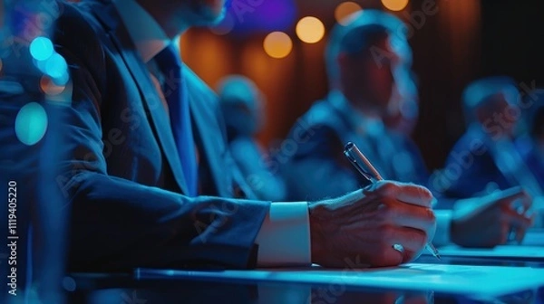 Fototapeta A close-up view of a businessperson taking notes during a cybersecurity training session focused on safe browsing habits and secure data practices, highlighting the practical aspects of the training