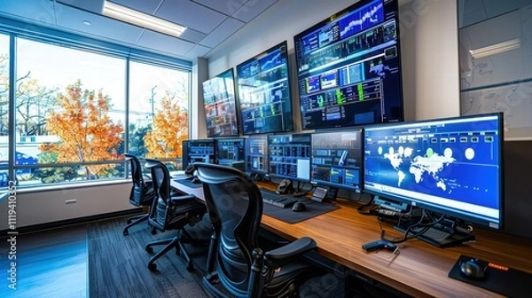 Obraz A detailed image of a security operations center where analysts are monitoring network traffic for any signs of intrusion, demonstrating the constant vigilance required to defend against cyber attacks