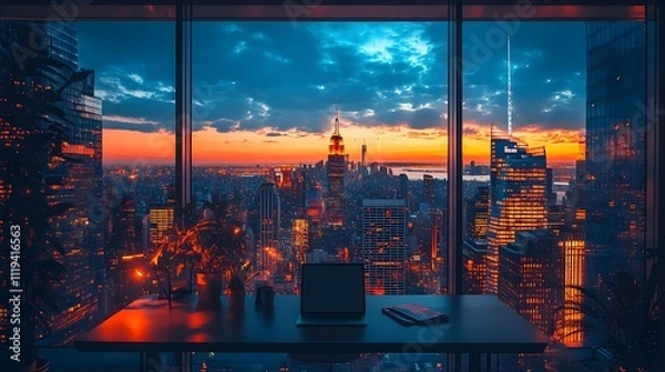 Fototapeta A city skyline is visible through a window with a laptop on a desk