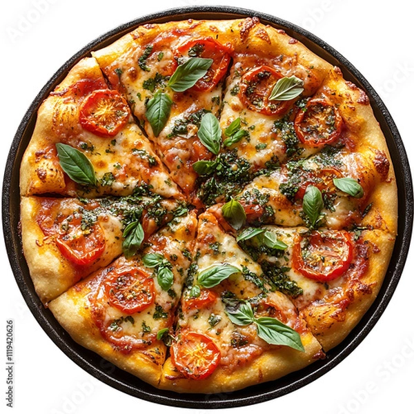 Fototapeta Top view of herb and tomato pizza on a dark iron skillet isolated on a white transparent background