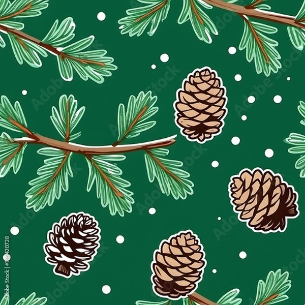 Obraz Winter Pine Cone Pattern: A seamless pattern featuring pine branches, pine cones, and snowflakes on a deep green background, perfect for wintery designs. 