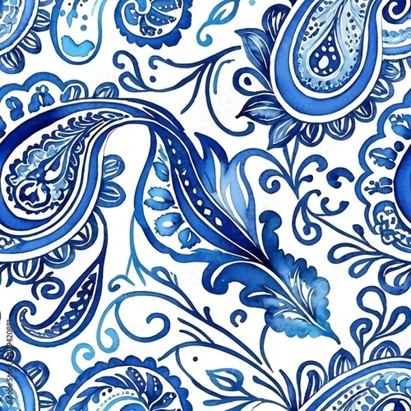 Obraz Blue Paisley Watercolor Pattern: A captivating seamless design featuring intricate paisley patterns in shades of blue, reminiscent of traditional Indian textiles.