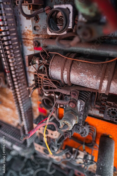 Fototapeta Close-Up of Rusty Industrial Machinery with Wires and Components Highlighting Vintage Mechanical Engineering