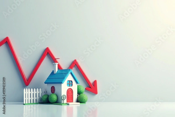 Fototapeta Falling interest rates and mortgage home prices declining as housing borrowing costs lowering due to reverse inflation effect or deflation and financial recession change concept