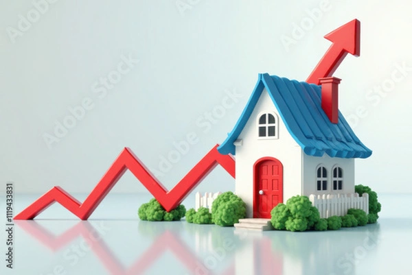 Fototapeta Rising interest rates and mortgage home prices surging as housing borrowing costs rise due to inflation and financial crisis concept as a house hit by a finance graph arrow