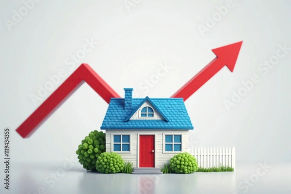 Fototapeta Rising interest rates and mortgage home prices surging as housing borrowing costs rise due to inflation and financial crisis concept as a house hit by a finance graph arrow