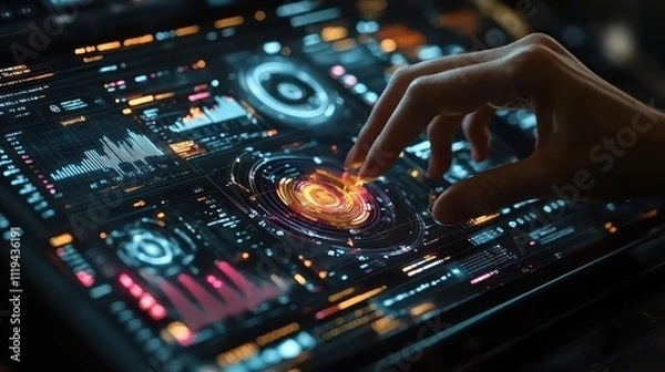 Obraz Human Hand Interacting with Holographic Display