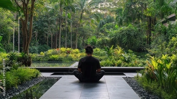 Fototapeta Man Meditates In Lush Tropical Garden Setting